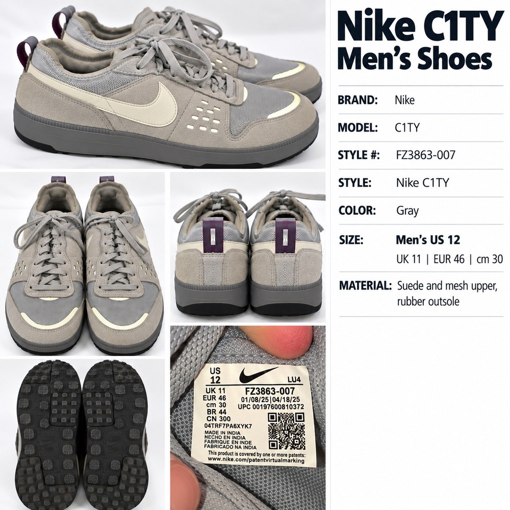 Nike C1TY Mens Shoes Gray Suede Mesh Sneakers FZ3863-007 Size 12